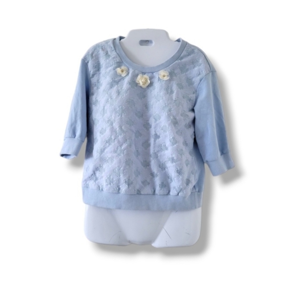 Korirl | Anthro | Cute Light Blue Floral Appliques Lacy 3/4 Sleeve Sweater